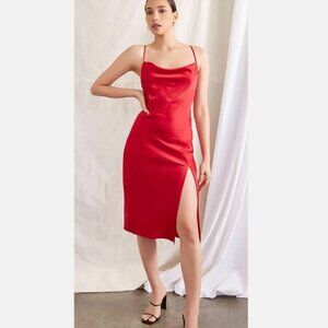 NWT - With Flaws Forever 21 Sz L Red Satin Dress Strappy Back High Slit in Front